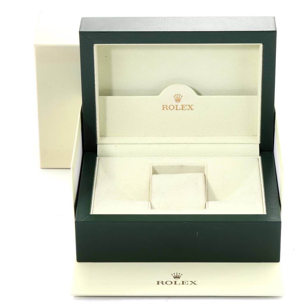 The image shows an empty Rolex Air-King 114200 Men's Stainless Steel Blue Dial 114200 Men's Stainless Steel Blue Dial watch box, open from a front-facing angle.