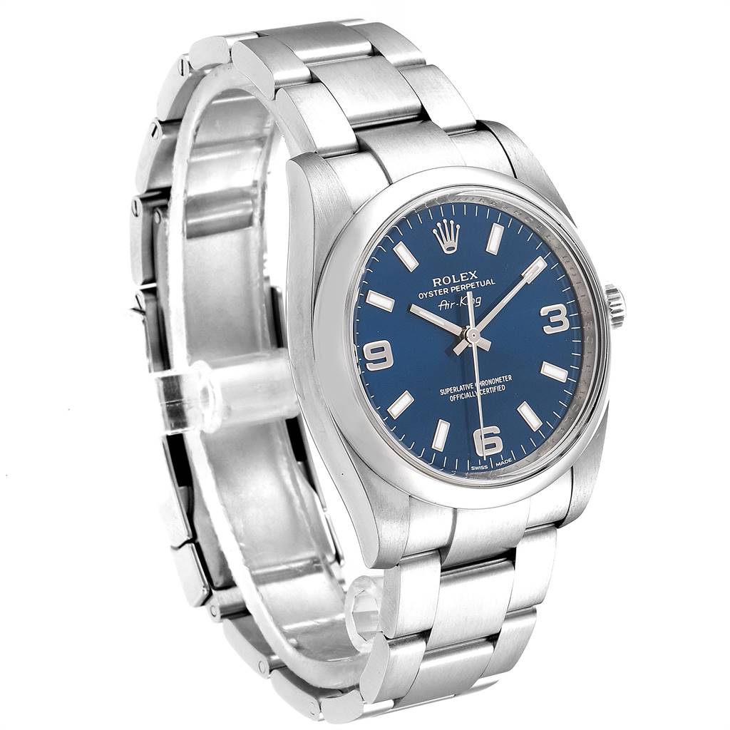 The Rolex Air-King 114200 Men's Stainless Steel Blue Dial 114200 Men's Stainless Steel Blue Dial watch is shown from a three-quarter angle, displaying the face, bezel, case, and bracelet.