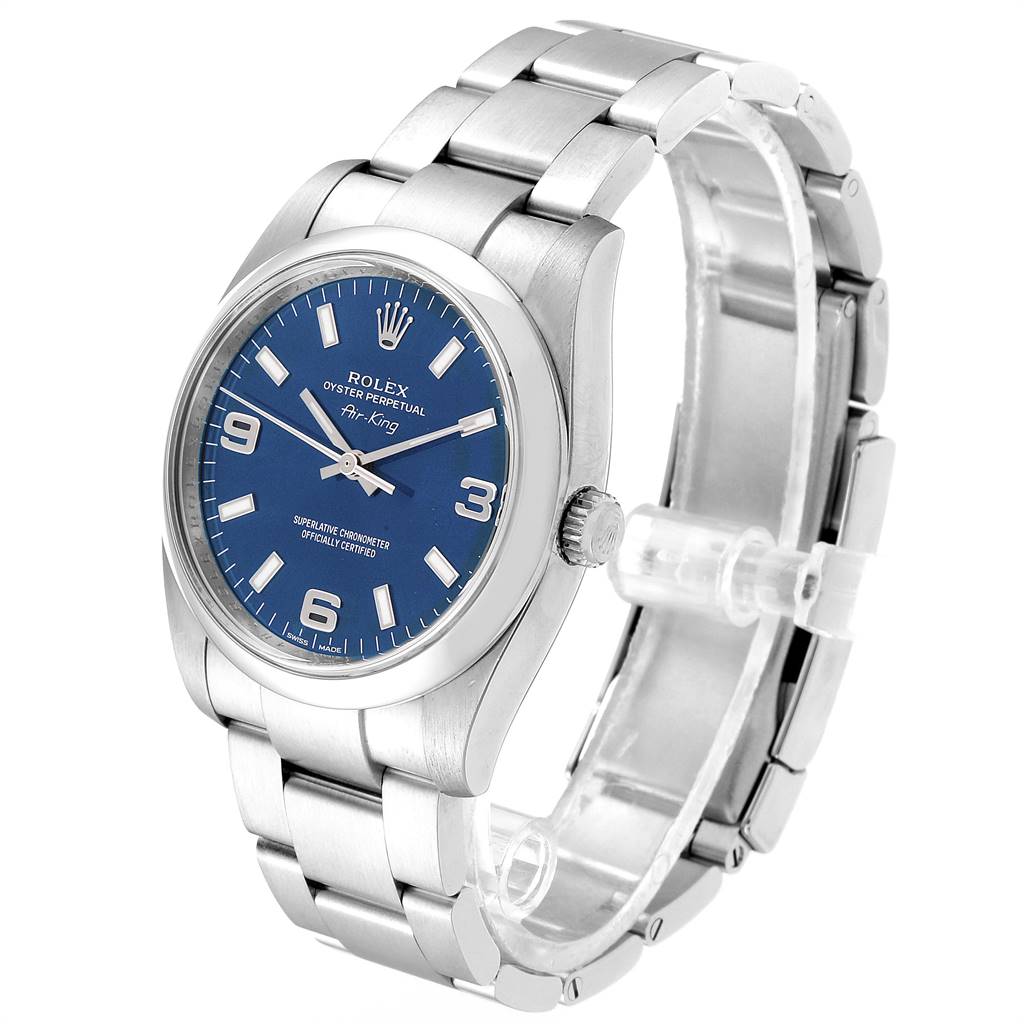 This image shows a Rolex Air-King 114200 Men's Stainless Steel Blue Dial 114200 Men's Stainless Steel Blue Dial watch at a slight side angle, displaying its blue dial, crown, and metal bracelet.