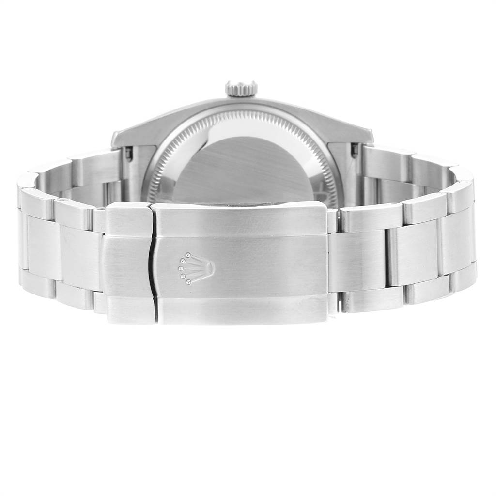 This image shows the backside and bracelet clasp of a Rolex Air-King 114200 Men's Stainless Steel Blue Dial 114200 Men's Stainless Steel Blue Dial watch in a straight-on angle.