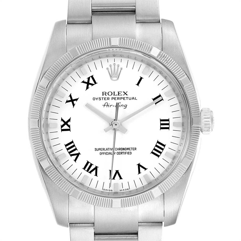 The image shows a front view of a Rolex Air-King 114210 Men's Stainless Steel White Dial 114210 Men's Stainless Steel White Dial watch featuring a white dial with Roman numerals and a stainless steel bracelet.