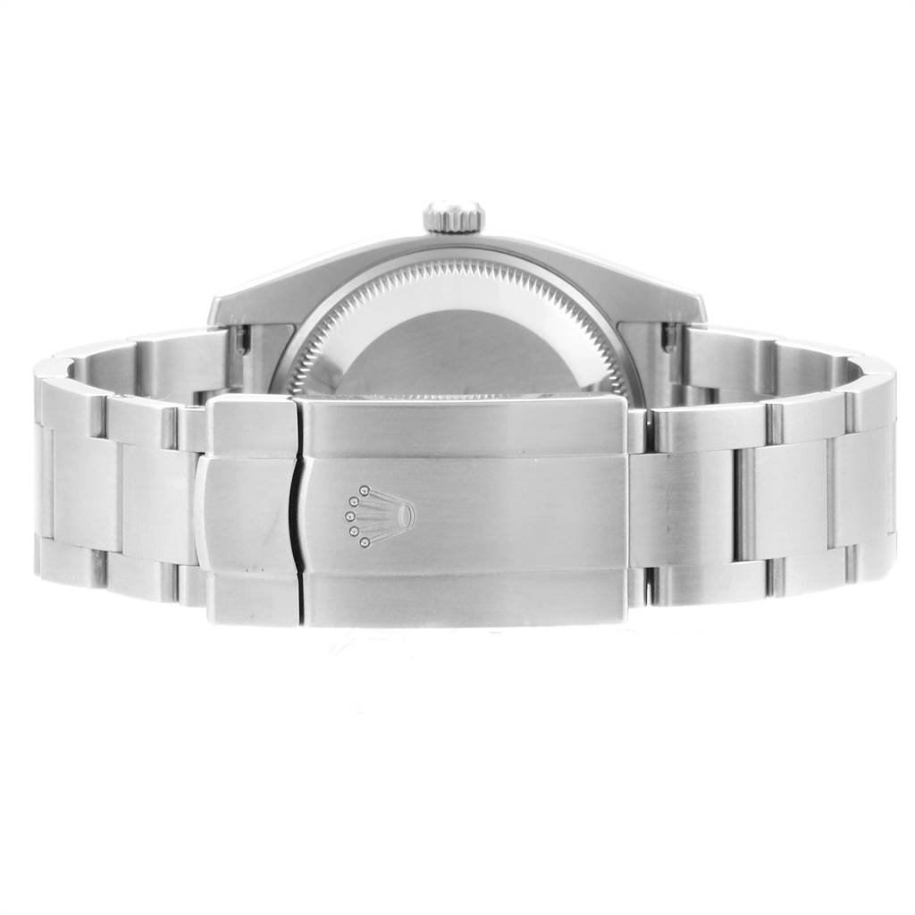 This image shows the back view of the Rolex Air-King 114210 Men's Stainless Steel White Dial 114210 Men's Stainless Steel White Dial watch, focusing on the clasp and bracelet.
