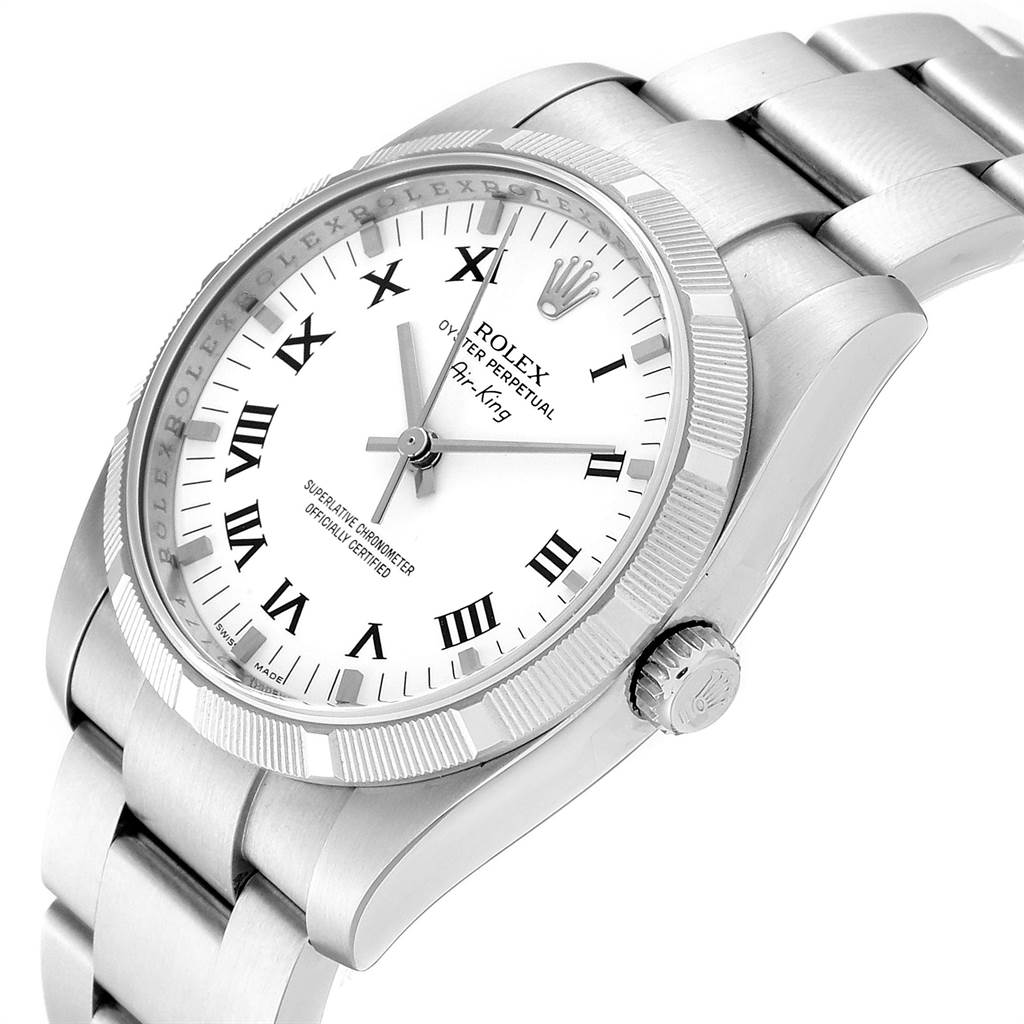 The image displays a Rolex Air-King 114210 Men's Stainless Steel White Dial 114210 Men's Stainless Steel White Dial watch at an angled view, showing the dial, bezel, case, and part of the bracelet.