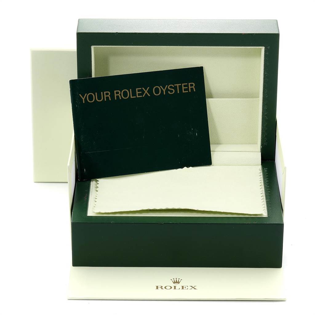 The image shows the packaging box and accessories of a Rolex Air-King 114210 Men's Stainless Steel White Dial 114210 Men's Stainless Steel White Dial, including the inner box and a booklet.
