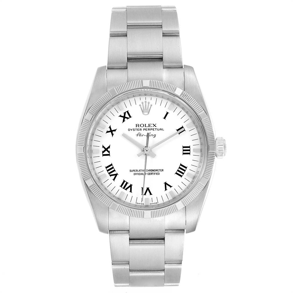 The image shows a front view of a Rolex Air-King 114210 Men's Stainless Steel White Dial 114210 Men's Stainless Steel White Dial watch, displaying its face, bezel, and stainless steel bracelet.