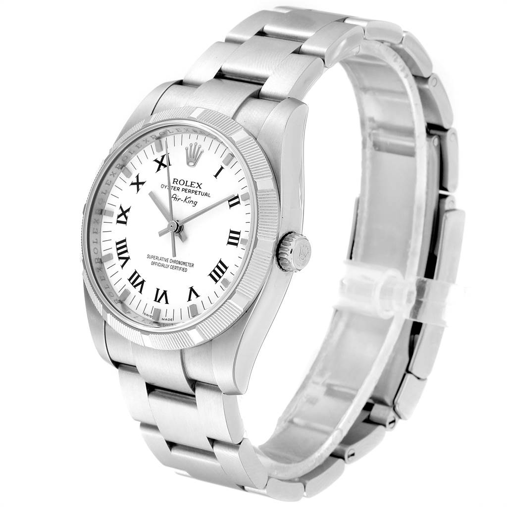 This Rolex Air-King 114210 Men's Stainless Steel White Dial 114210 Men's Stainless Steel White Dial watch is shown from a front-right angle displaying the face, crown, and bracelet.