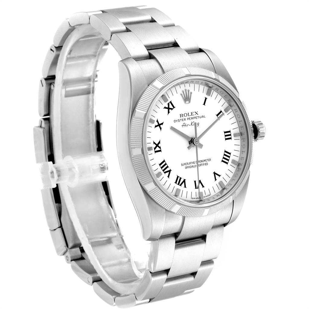 This image shows a Rolex Air-King 114210 Men's Stainless Steel White Dial 114210 Men's Stainless Steel White Dial watch at a slight angle, displaying the face, bezel, and part of the bracelet.