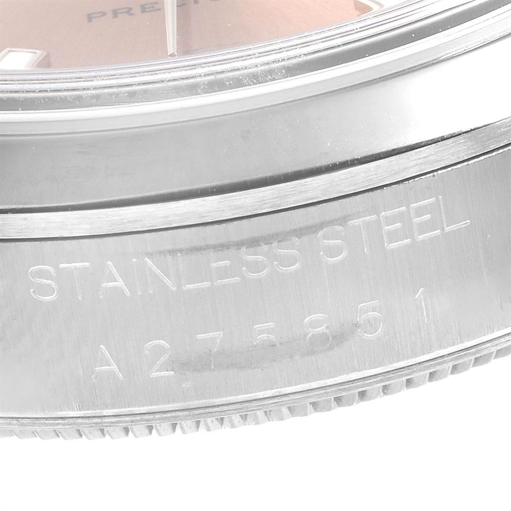 This image shows a close-up of the side engraving and part of the face of the Rolex Air-King 14000 Men's Stainless Steel Pink Dial 14000 Men's Stainless Steel Pink Dial watch, highlighting its stainless steel case.