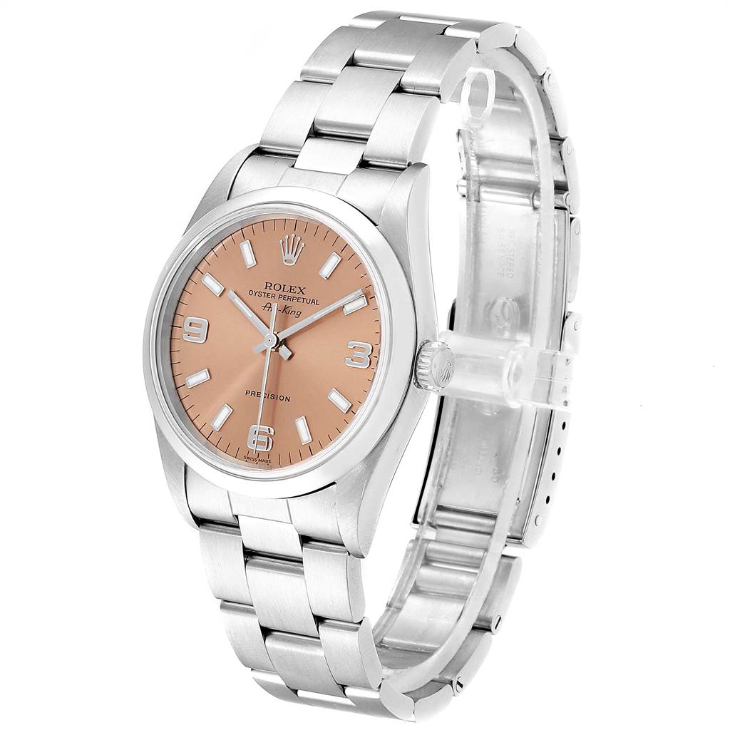 The image shows a side angle of a Rolex Air-King 14000 Men's Stainless Steel Pink Dial 14000 Men's Stainless Steel Pink Dial watch, highlighting its face and metal band.