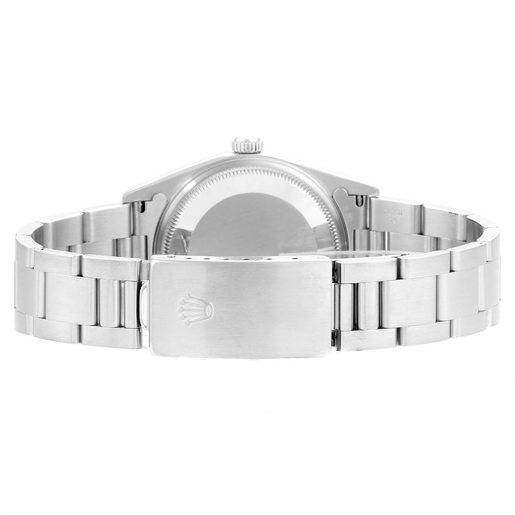 This image shows the back view of the Rolex Air-King 14000 Men's Stainless Steel Pink Dial 14000 Men's Stainless Steel Pink Dial watch, highlighting the clasp, bracelet, and case back.