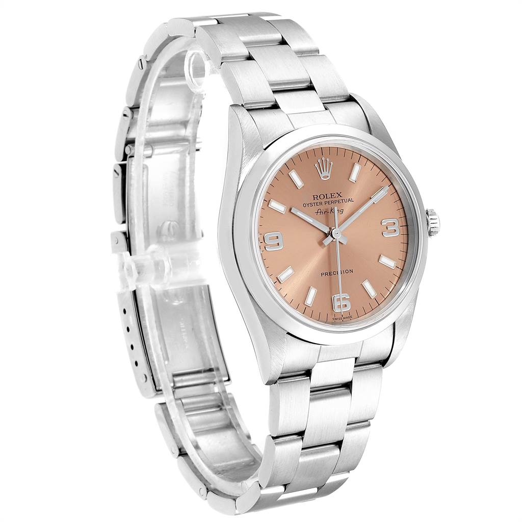 The image shows a Rolex Air-King 14000 Men's Stainless Steel Pink Dial 14000 Men's Stainless Steel Pink Dial watch at an angle, displaying the face, bezel, case, and metal bracelet.