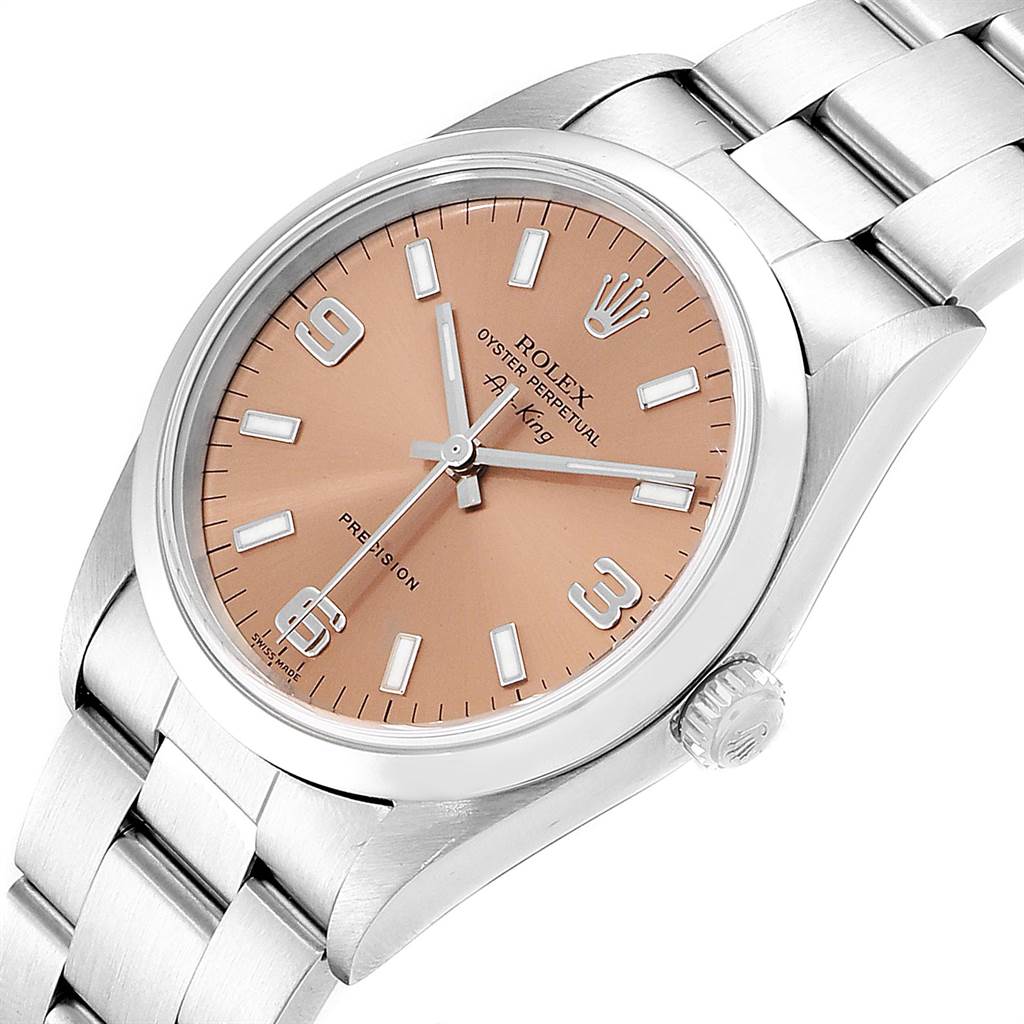 The image shows a Rolex Air-King 14000 Men's Stainless Steel Pink Dial 14000 Men's Stainless Steel Pink Dial watch from a tilted angle, displaying the dial, crown, and bracelet.