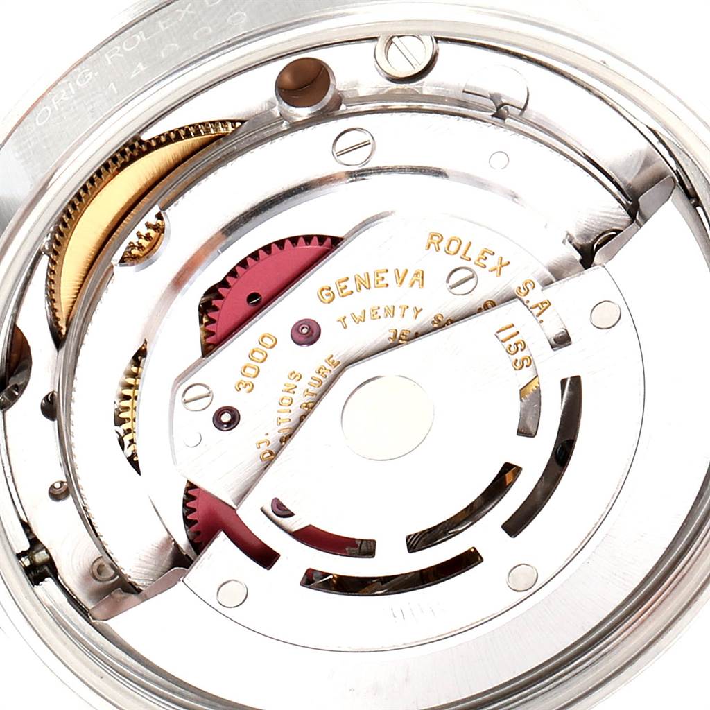 The image shows the inner mechanical movement components of a Rolex Air-King 14000 Men's Stainless Steel Pink Dial 14000 Men's Stainless Steel Pink Dial watch from a close-up angle.