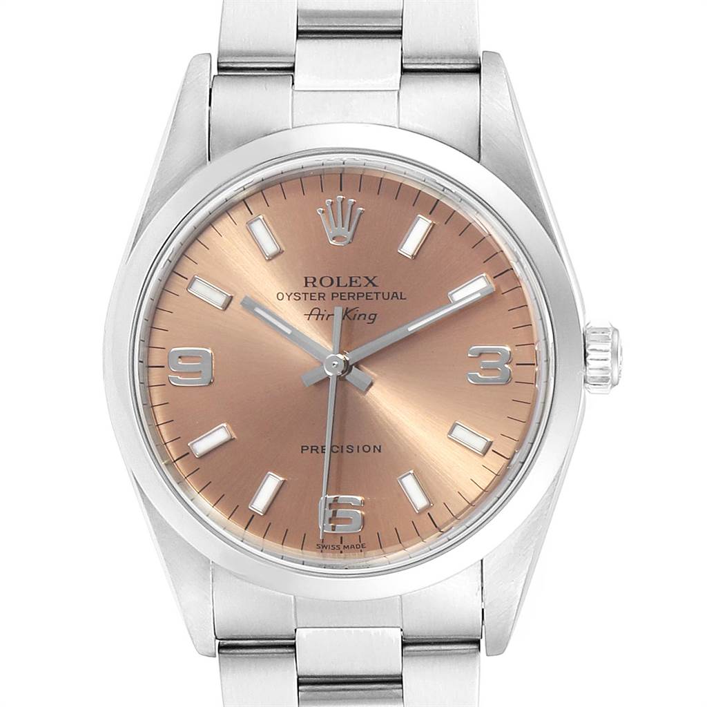This image shows a front view of a Rolex Air-King 14000 Men's Stainless Steel Pink Dial 14000 Men's Stainless Steel Pink Dial watch, displaying its face, bezel, dial, and part of the stainless steel bracelet.