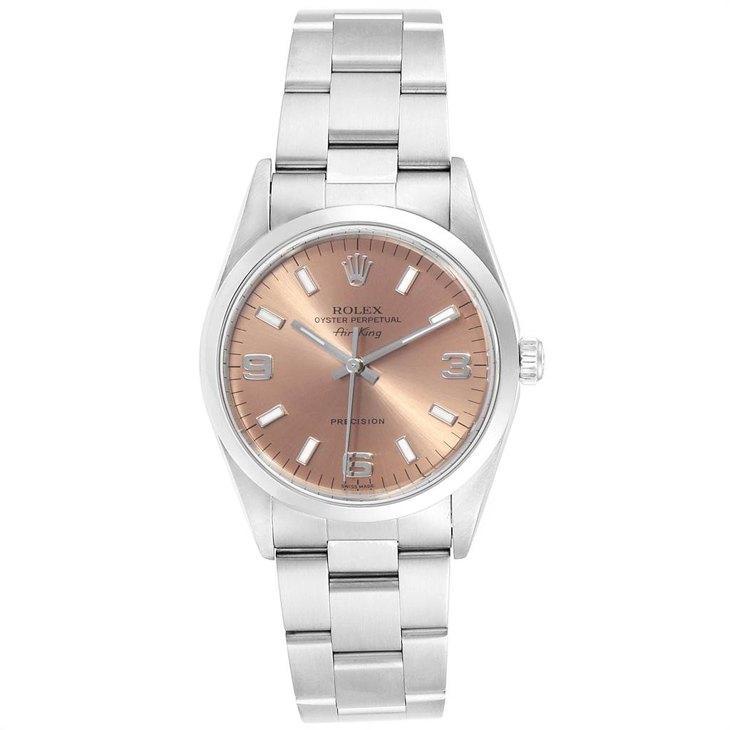 This image shows a Rolex Air-King 14000 Men's Stainless Steel Pink Dial 14000 Men's Stainless Steel Pink Dial watch from a top-down angle, highlighting the dial, case, and bracelet.