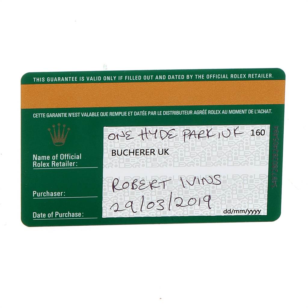 This image shows the warranty card for a Rolex Air-King 116900 Men's Stainless Steel Black Dial 116900 Men's Stainless Steel Black Dial watch.