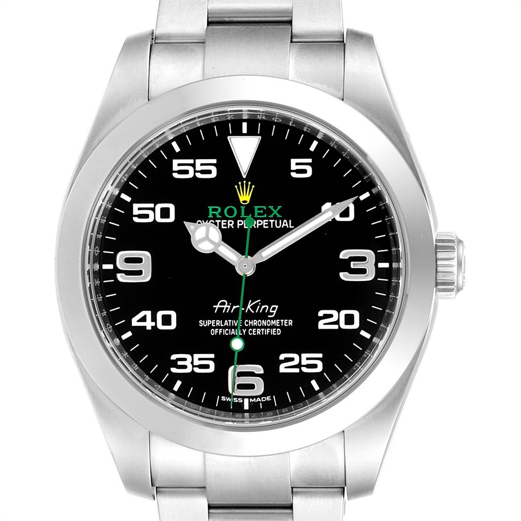 This image shows a front view of the Rolex Air-King 116900 Men's Stainless Steel Black Dial 116900 Men's Stainless Steel Black Dial watch, displaying the face, dial, hands, and part of the bracelet.