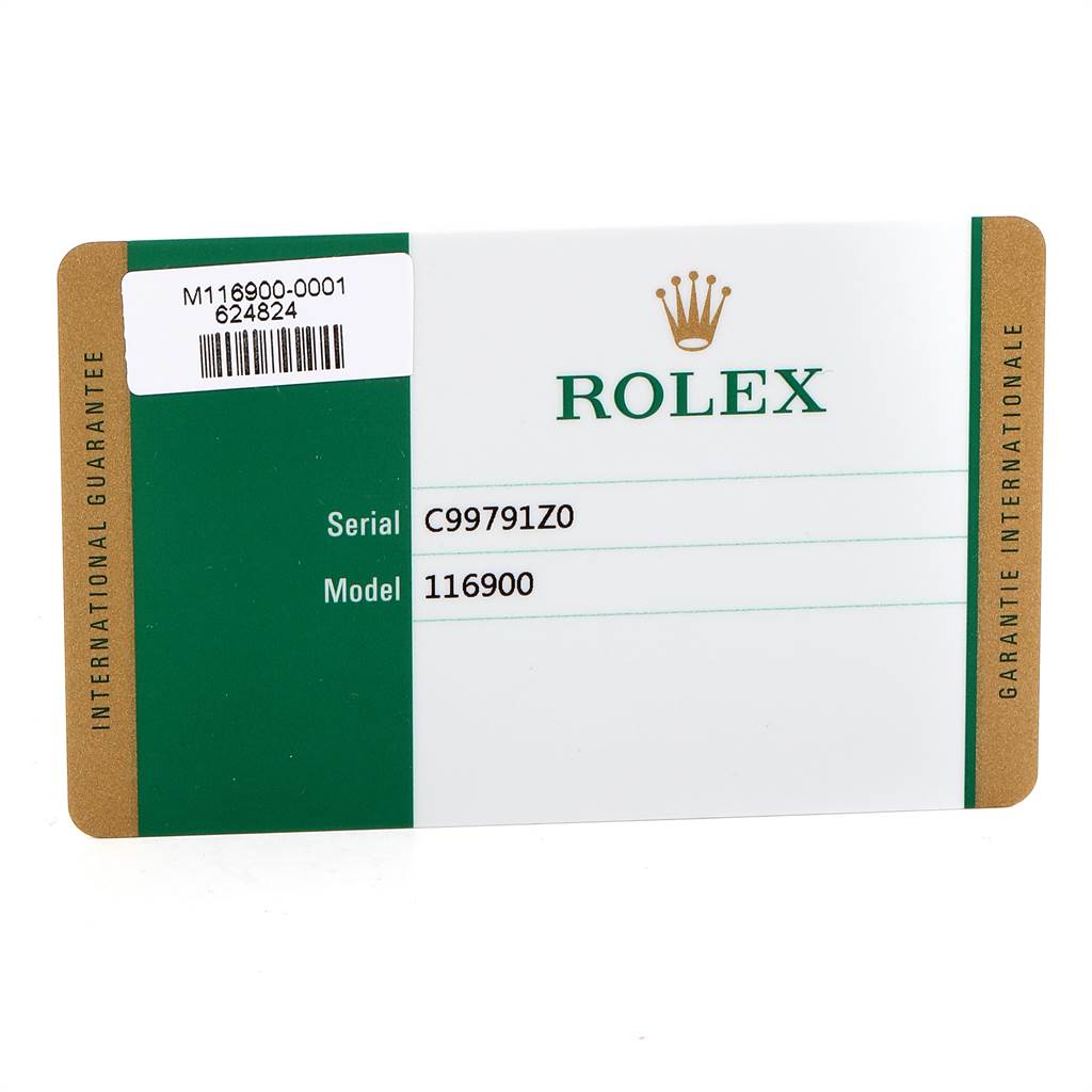 The image shows the International Guarantee card for the Rolex Air-King 116900 Men's Stainless Steel Black Dial 116900 Men's Stainless Steel Black Dial model 116900.