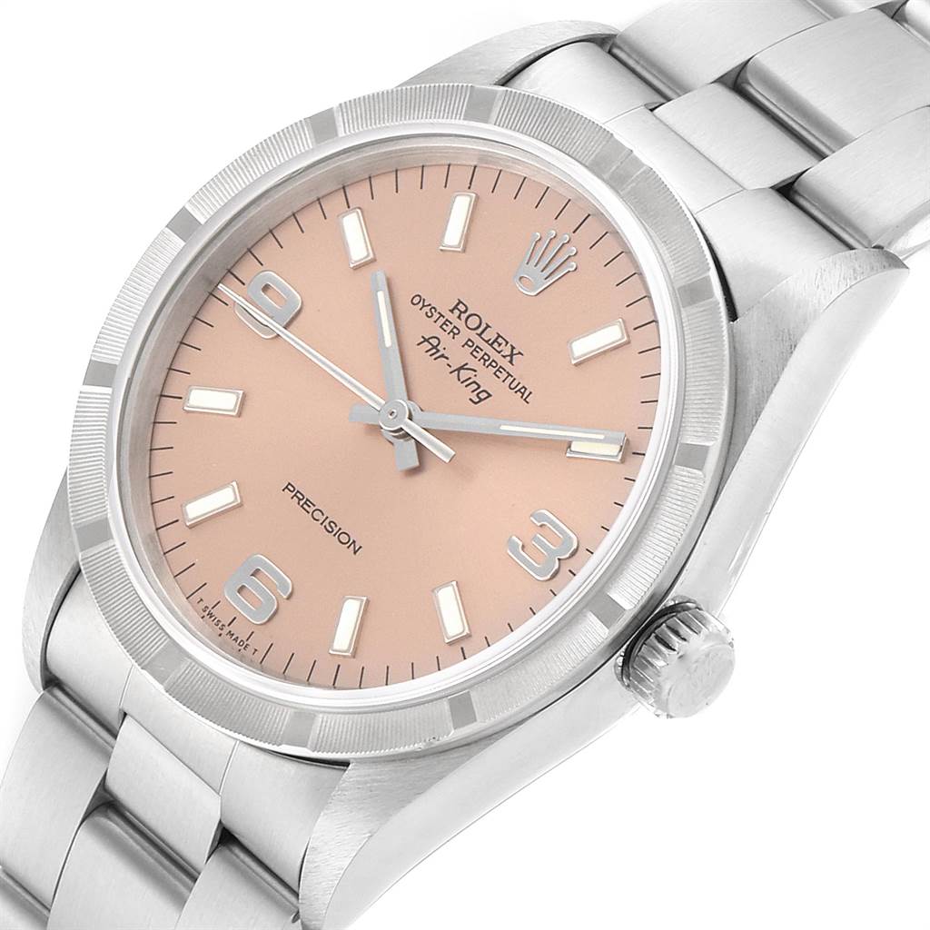 The image shows a close-up of the Rolex Air-King 14010 Men's Stainless Steel Pink Dial 14010 Men's Stainless Steel Pink Dial watch, highlighting the dial, crown, and part of the bracelet.