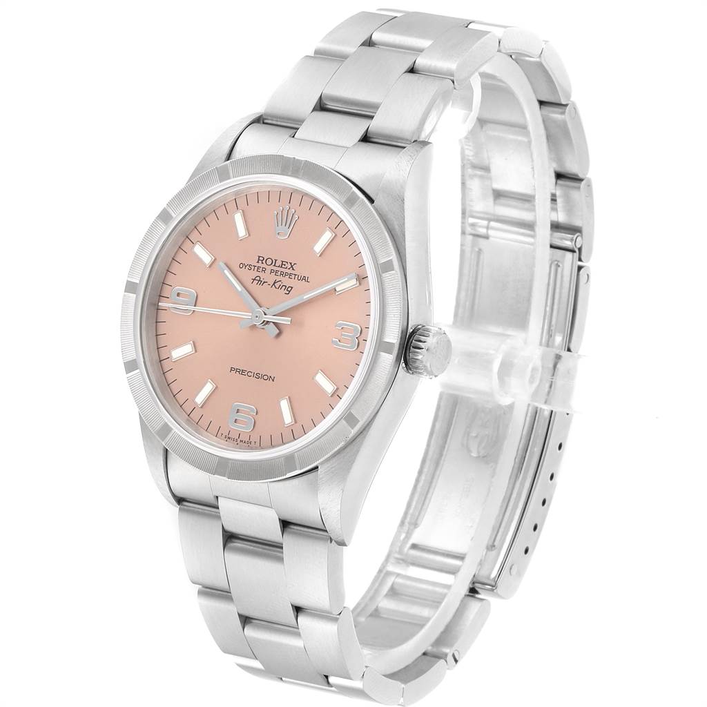 This image shows a Rolex Air-King 14010 Men's Stainless Steel Pink Dial 14010 Men's Stainless Steel Pink Dial watch at a three-quarter angle, highlighting the face, bezel, bracelet, and crown.