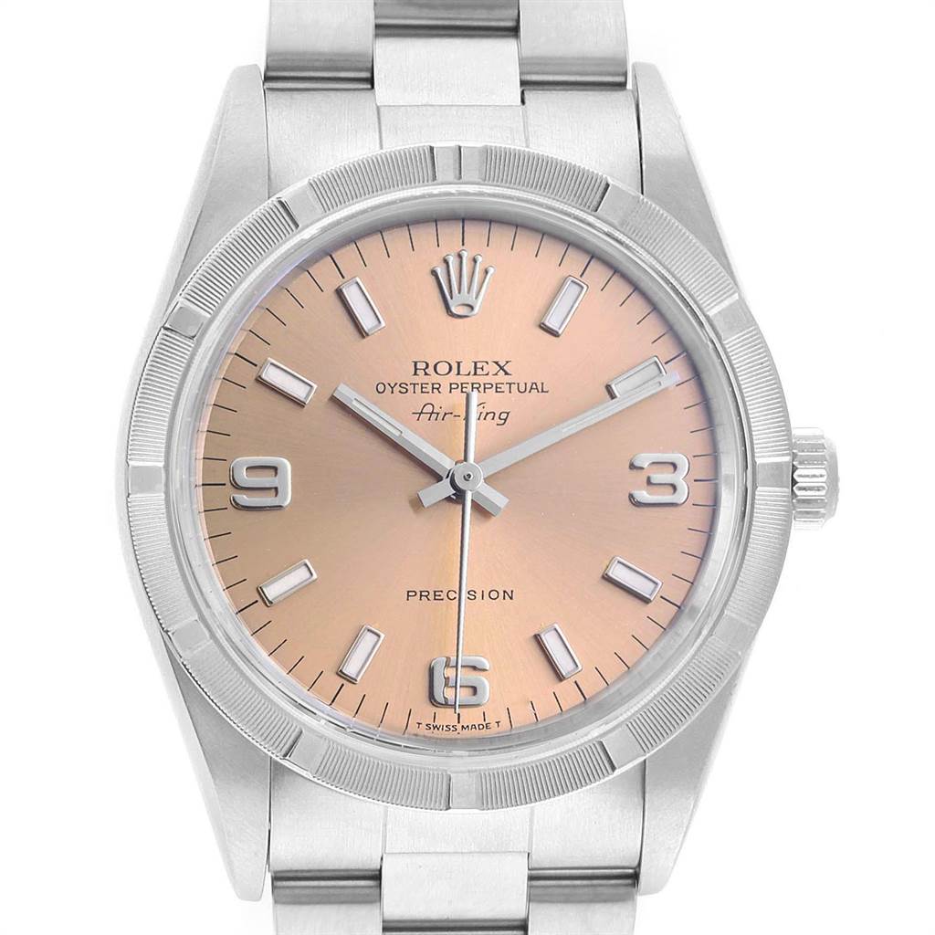 This image shows a front view of the Rolex Air-King 14010 Men's Stainless Steel Pink Dial 14010 Men's Stainless Steel Pink Dial watch, including the dial, bezel, hands, crown, and part of the bracelet.