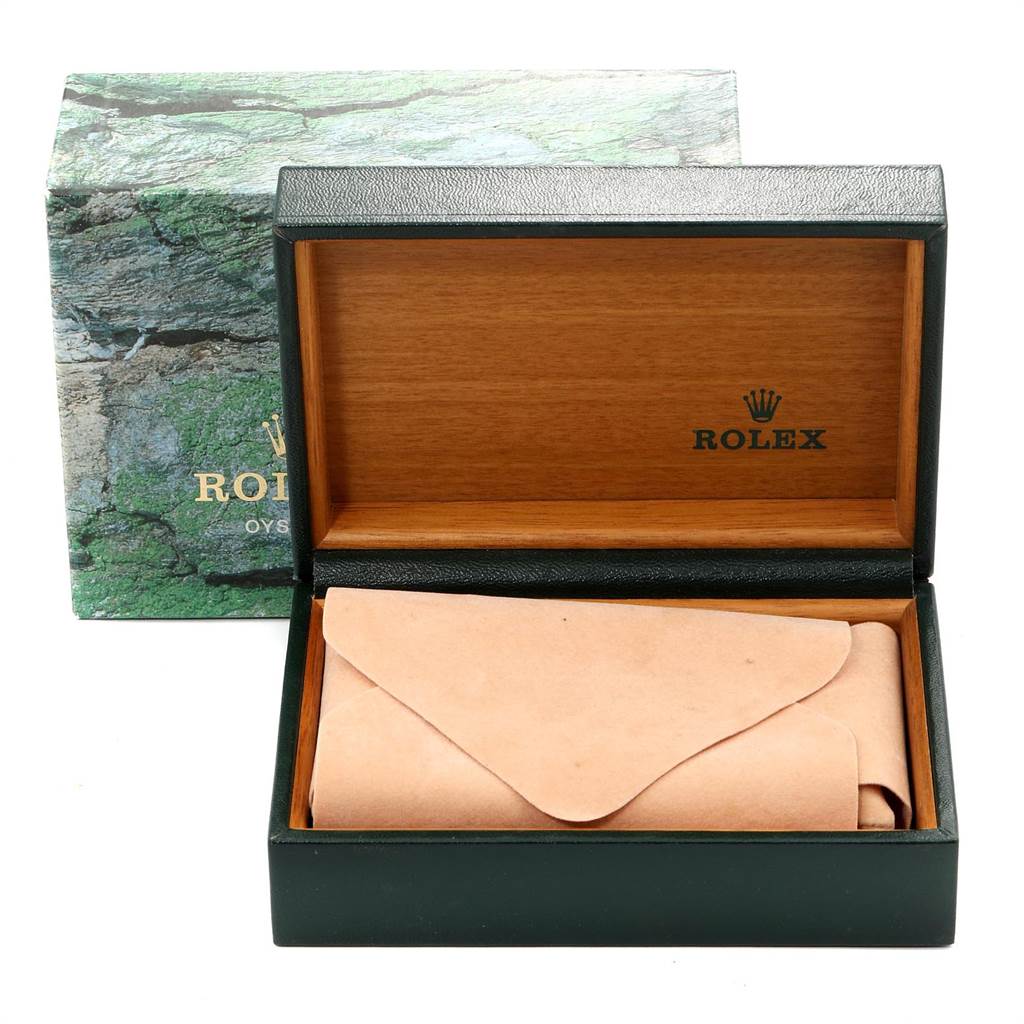 The image shows an open wood-lined box and its exterior packaging for a Rolex Air-King 14010 Men's Stainless Steel Pink Dial 14010 Men's Stainless Steel Pink Dial watch.