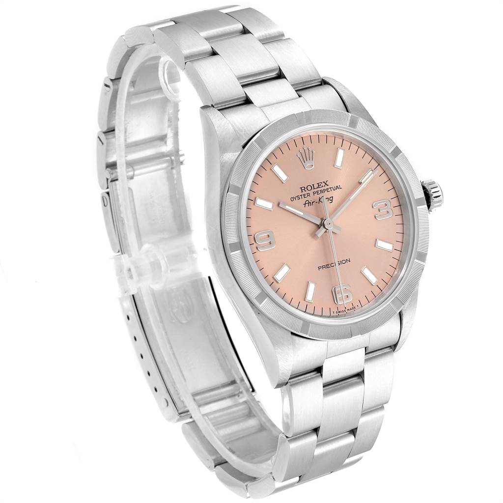 The Rolex Air-King 14010 Men's Stainless Steel Pink Dial 14010 Men's Stainless Steel Pink Dial watch is shown at an angled front view displaying its pink dial, markers, and stainless steel bracelet.