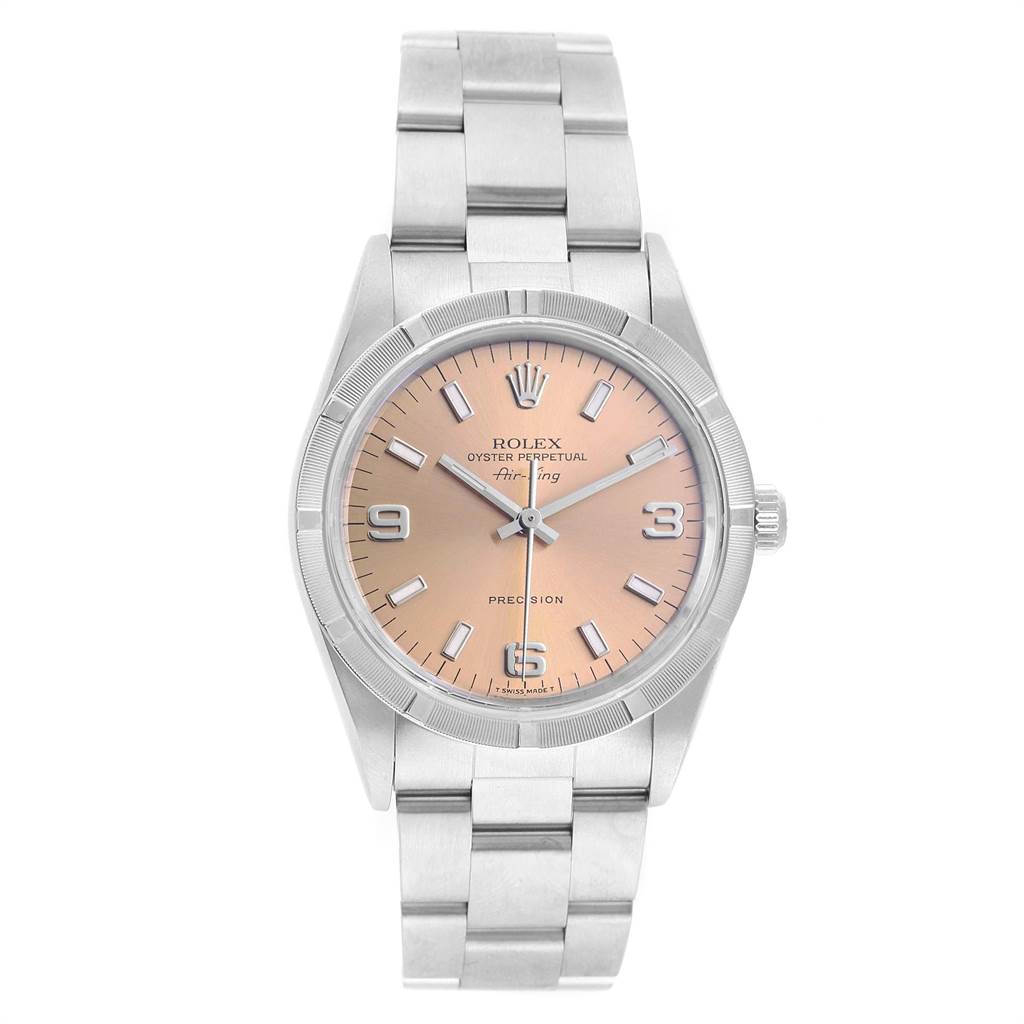 The image shows a front view of the Rolex Air-King 14010 Men's Stainless Steel Pink Dial 14010 Men's Stainless Steel Pink Dial watch, highlighting its dial, bezel, crown, and bracelet.