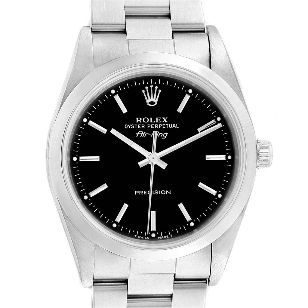 The image shows a front view of a Rolex Air-King 14000 Men's Stainless Steel Black Dial 14000 Men's Stainless Steel Black Dial watch, displaying its face, bezel, crown, and bracelet.