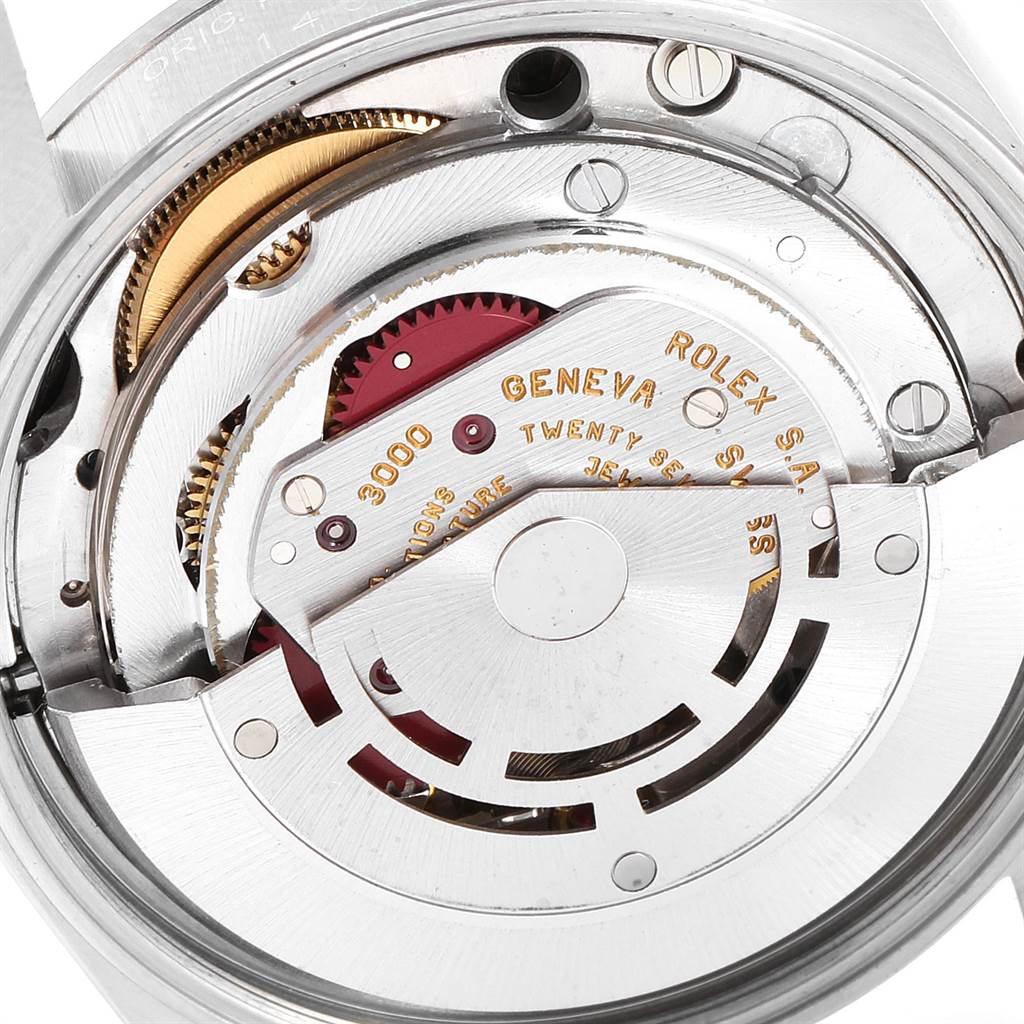 This image shows the internal movement and mechanisms of the Rolex Air-King 14000 Men's Stainless Steel Black Dial 14000 Men's Stainless Steel Black Dial watch, highlighting gears and inscriptions.