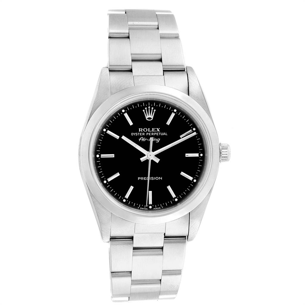 The Rolex Air-King 14000 Men's Stainless Steel Black Dial 14000 Men's Stainless Steel Black Dial watch is shown from a front angle, displaying its black dial, silver hour markers, and metal bracelet.