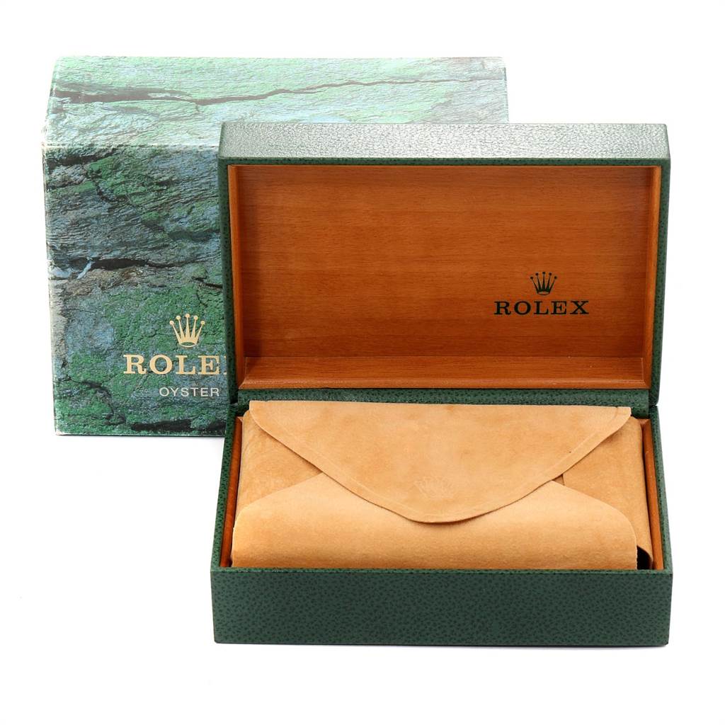 The image shows an open Rolex Air-King 14000 Men's Stainless Steel Black Dial 14000 Men's Stainless Steel Black Dial watch box with a tan pouch inside for the watch.