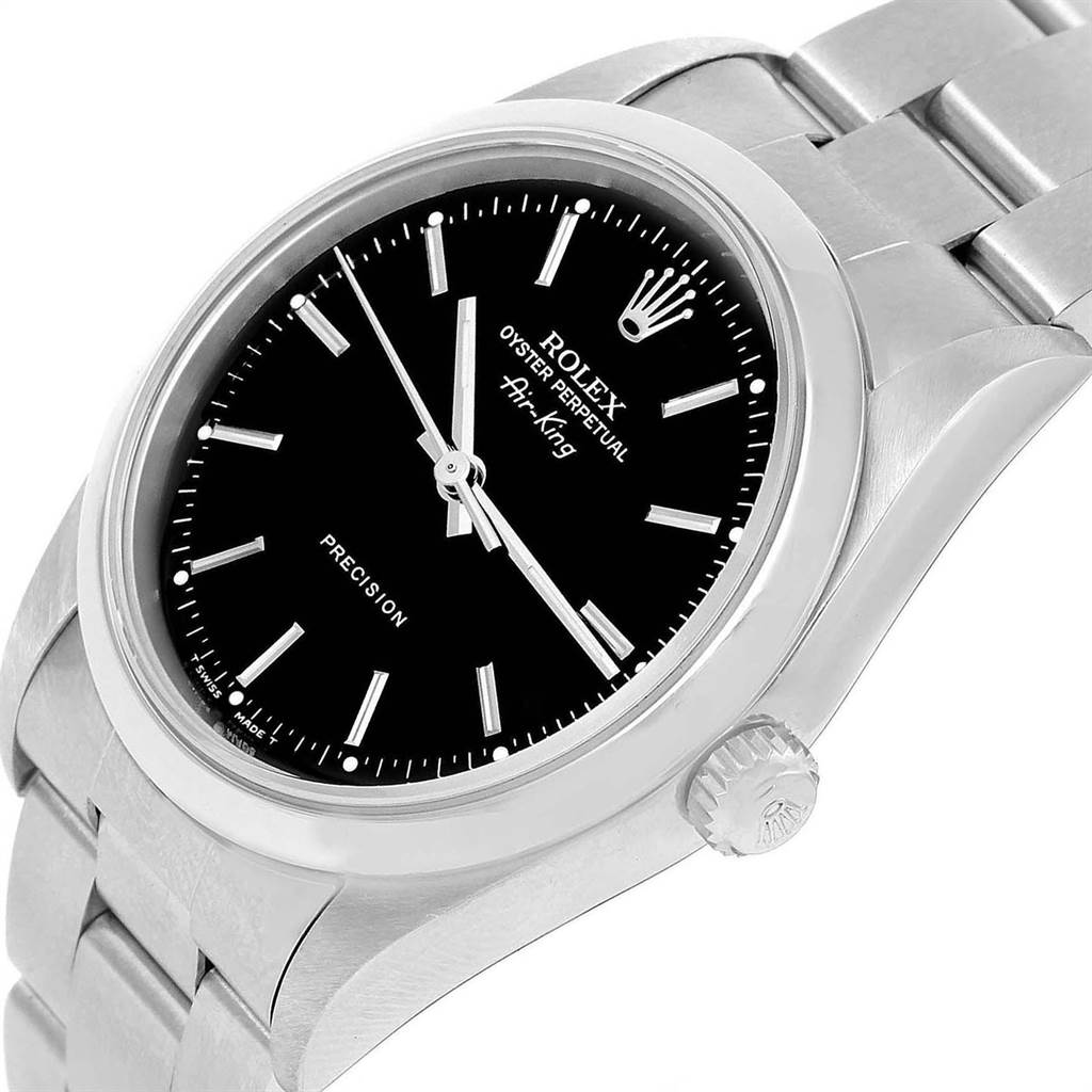 The image shows a front angle of a Rolex Air-King 14000 Men's Stainless Steel Black Dial 14000 Men's Stainless Steel Black Dial watch, highlighting its black dial, markers, crown, and stainless steel bracelet.