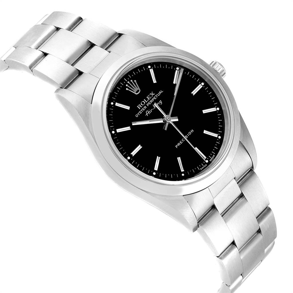 This image shows a Rolex Air-King 14000 Men's Stainless Steel Black Dial 14000 Men's Stainless Steel Black Dial watch from an angle highlighting its face, bezel, and metal bracelet.