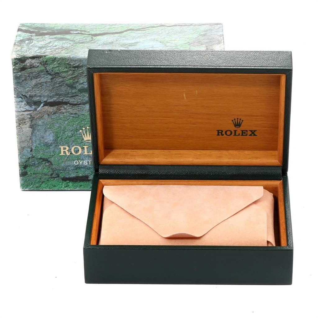 The image shows the open box for a Rolex Air-King 14000 Men's Stainless Steel Black Dial 14000 Men's Stainless Steel Black Dial watch, with an outer box and inner packaging visible.