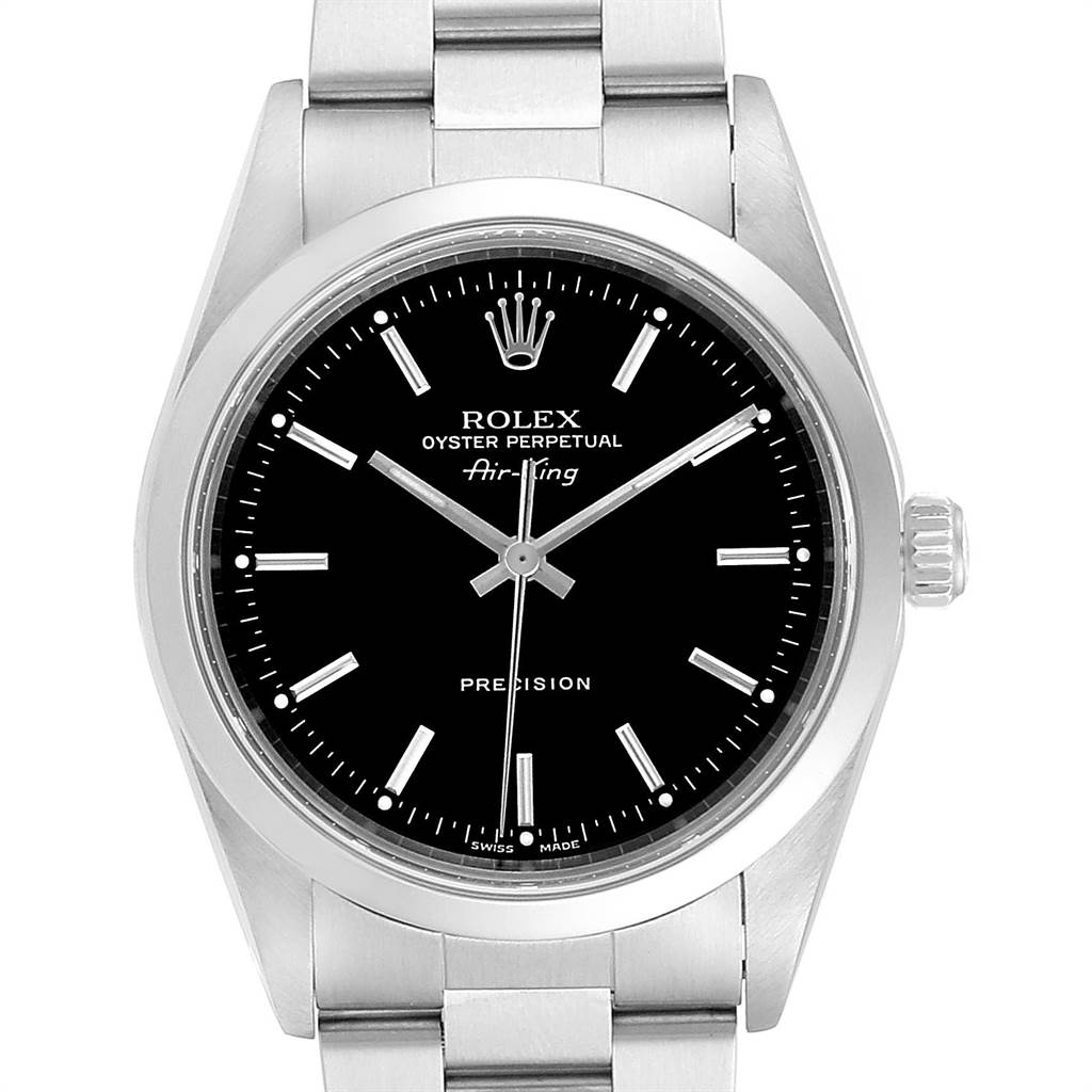 The image shows a front view of a Rolex Air-King 14000 Men's Stainless Steel Black Dial 14000 Men's Stainless Steel Black Dial watch, focusing on the dial, bezel, crown, and part of the bracelet.