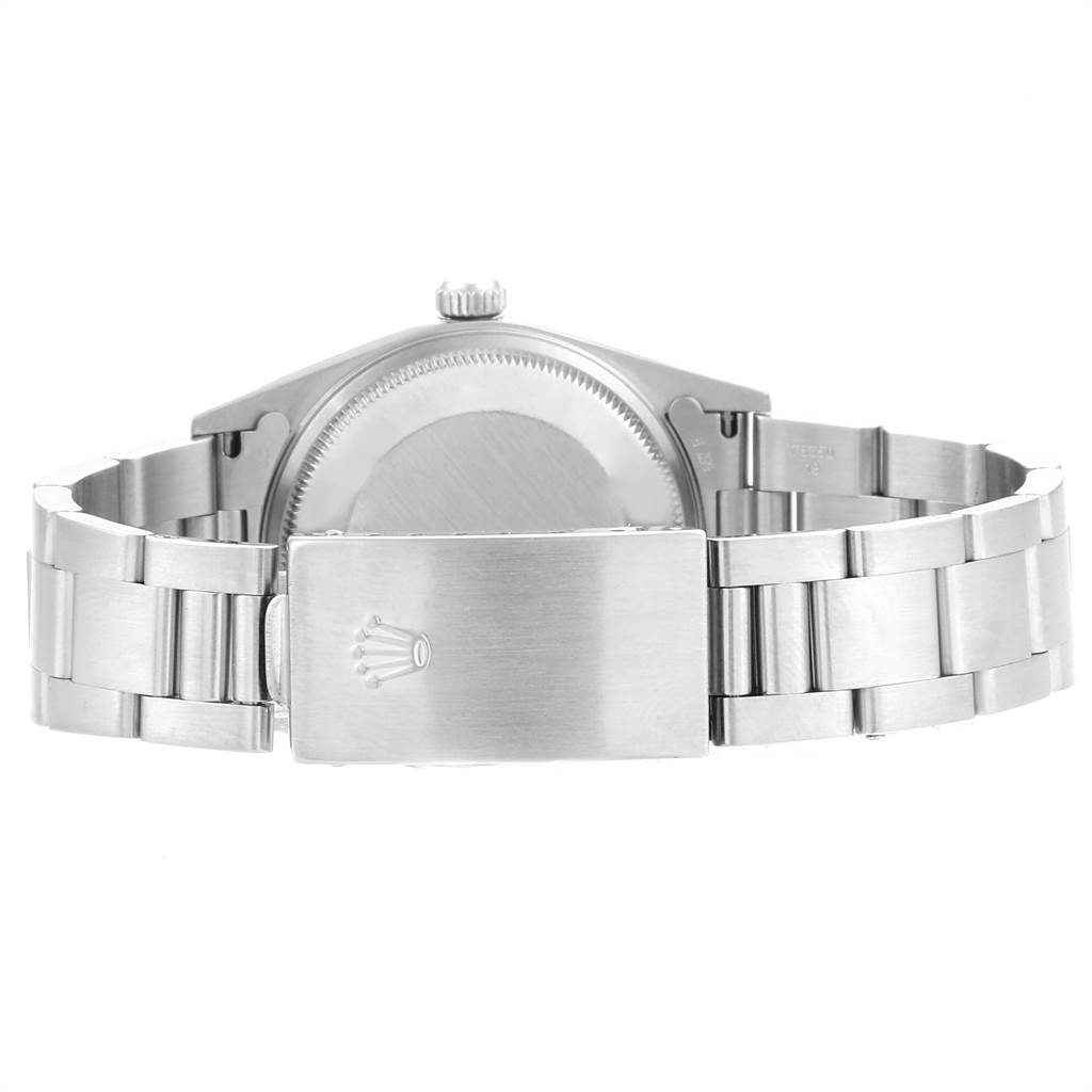 This image shows the back of a Rolex Air-King 14000 Men's Stainless Steel Black Dial 14000 Men's Stainless Steel Black Dial watch, including its case back, crown, and stainless steel bracelet clasp with the Rolex emblem.