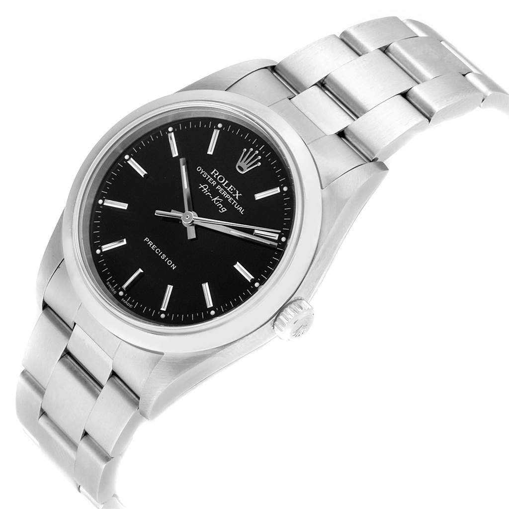The image shows a Rolex Air-King 14000 Men's Stainless Steel Black Dial 14000 Men's Stainless Steel Black Dial watch at a three-quarter angle, highlighting its black dial, steel case, and bracelet.