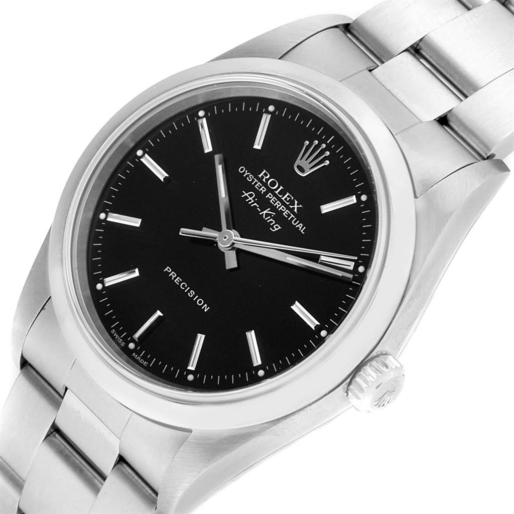The image shows a close-up of the Rolex Air-King 14000 Men's Stainless Steel Black Dial 14000 Men's Stainless Steel Black Dial watch, highlighting the dial, bezel, crown, and part of the bracelet.