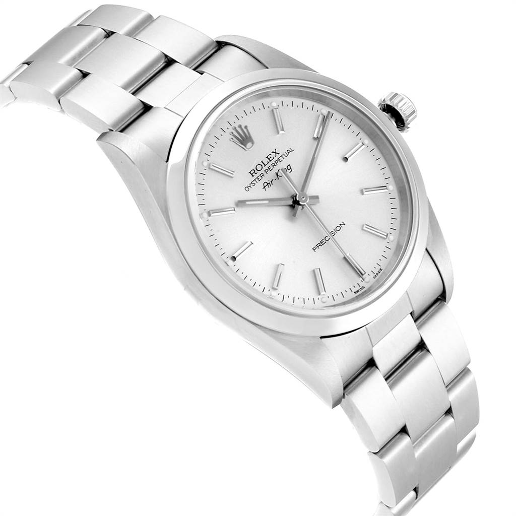 The image shows a top angle view of the Rolex Air-King 14000 Men's Stainless Steel Silver Dial 14000 Men's Stainless Steel Silver Dial watch, highlighting its dial, case, crown, and bracelet.