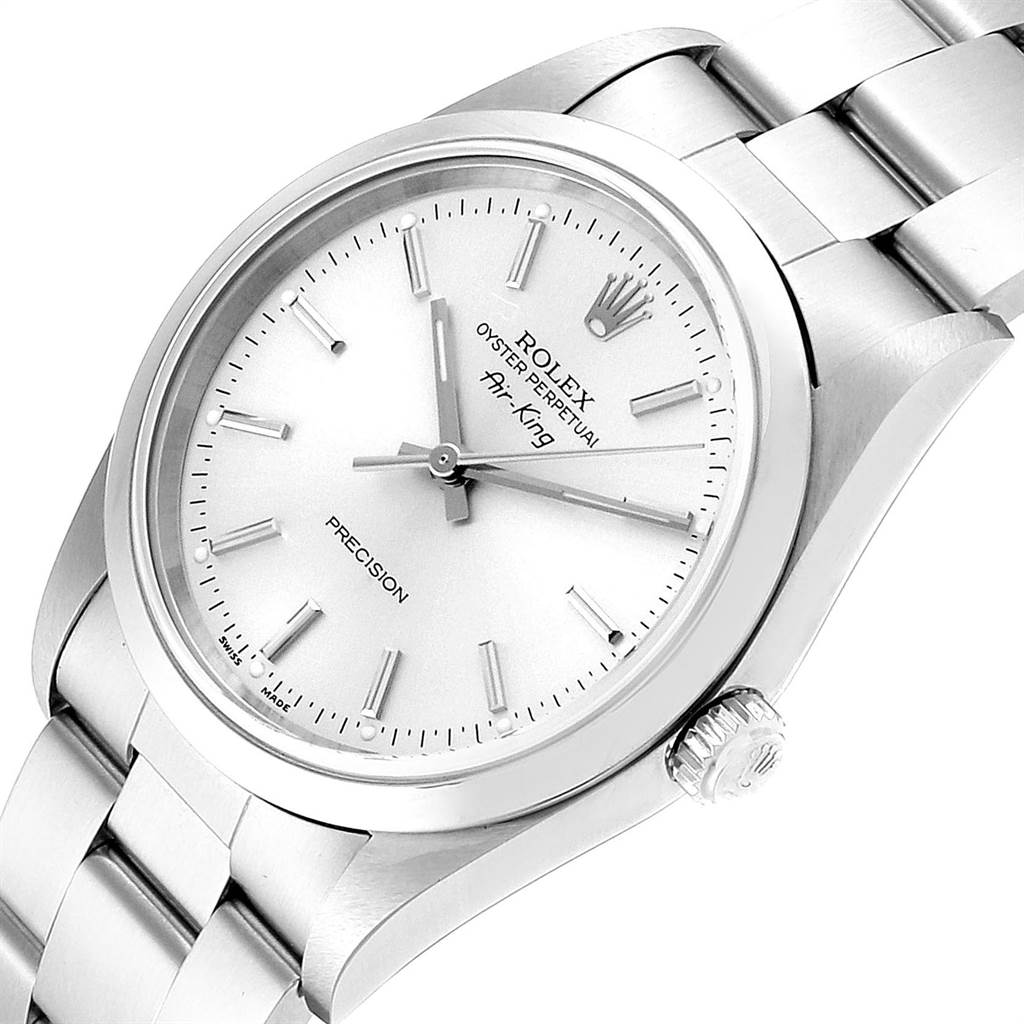 This image shows a slanted view of the Rolex Air-King 14000 Men's Stainless Steel Silver Dial 14000 Men's Stainless Steel Silver Dial watch focusing on the dial, crown, and part of the bracelet.