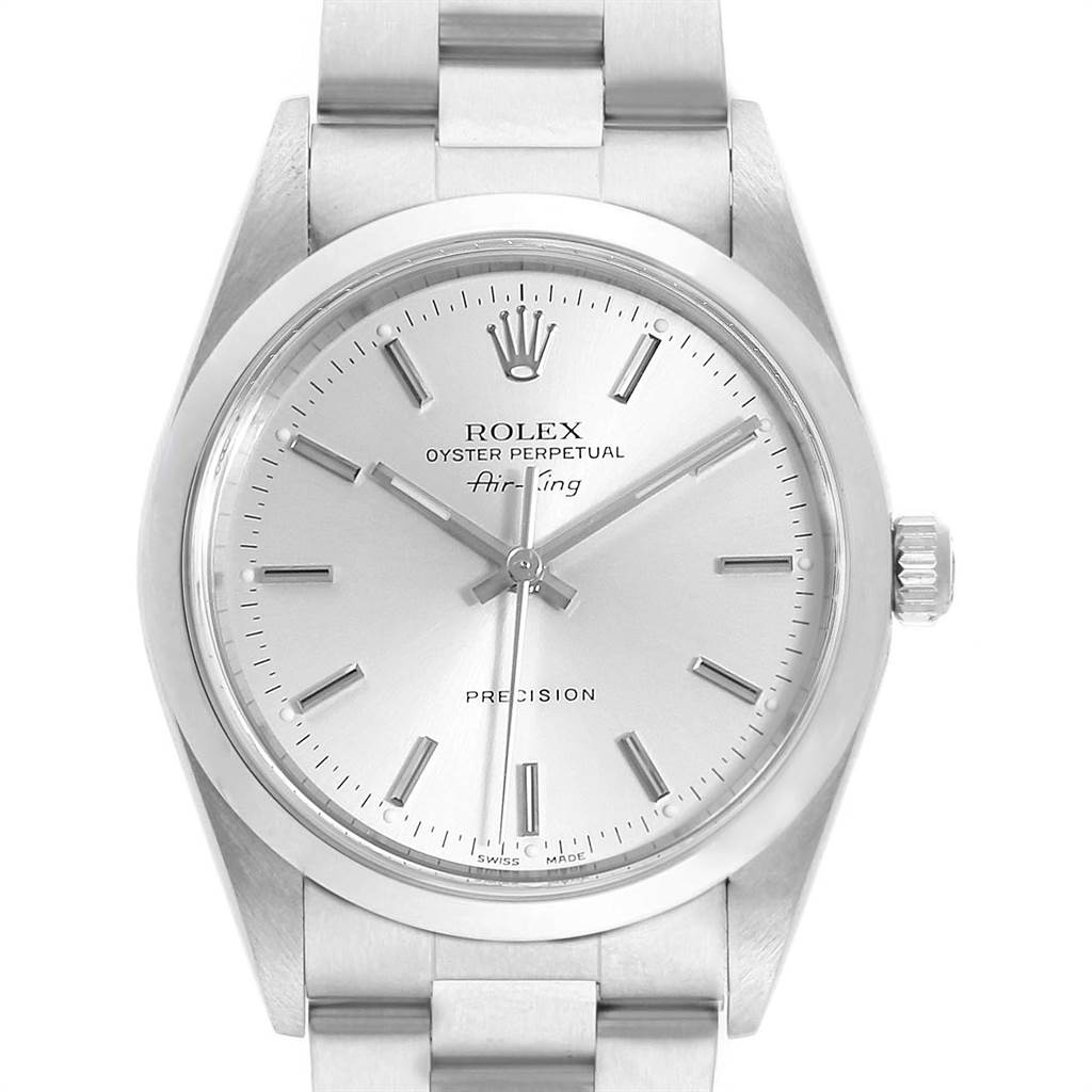 The image shows a front angle view of the Rolex Air-King 14000 Men's Stainless Steel Silver Dial 14000 Men's Stainless Steel Silver Dial watch, displaying the dial, hands, crown, and part of the bracelet.