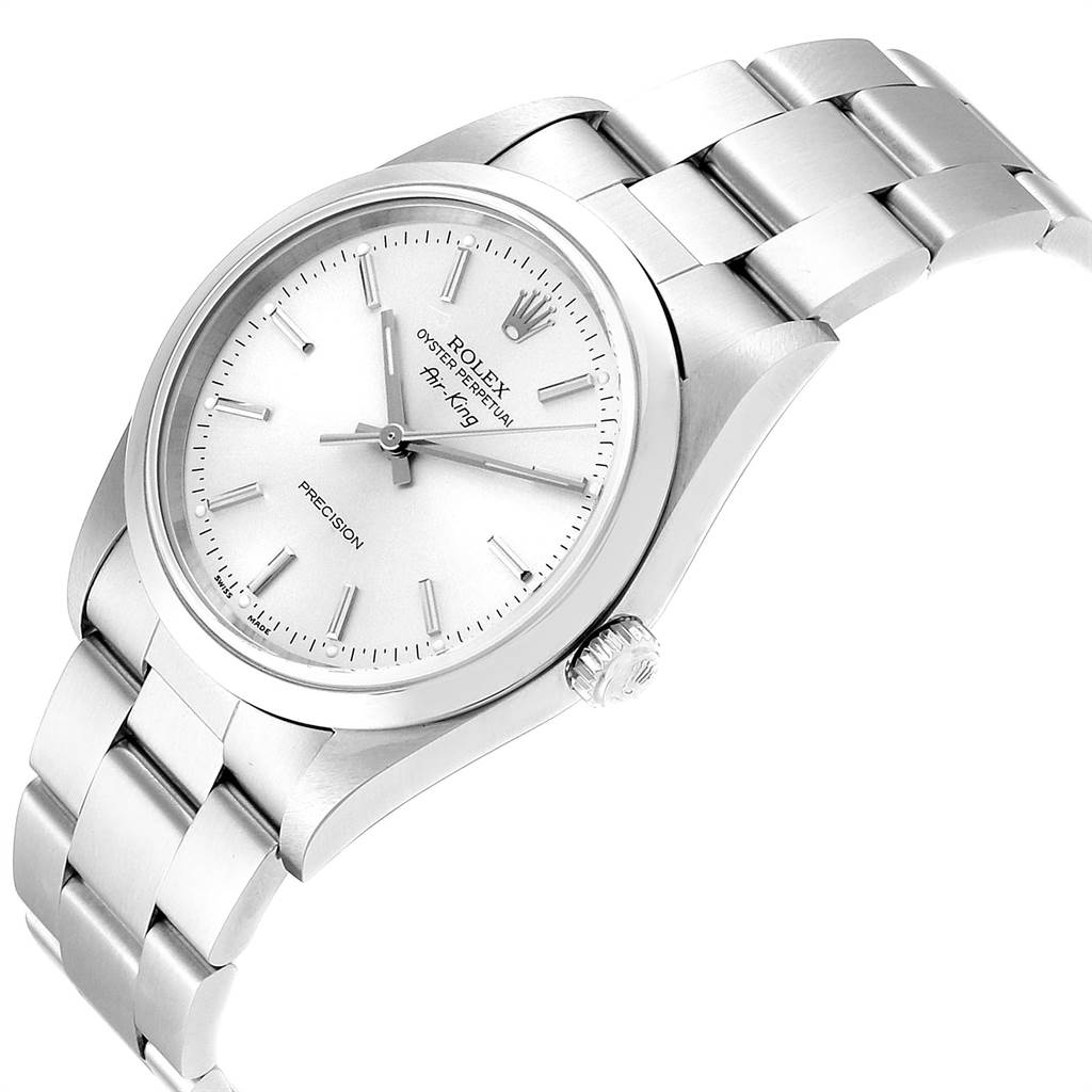 The image shows a side angle of a Rolex Air-King 14000 Men's Stainless Steel Silver Dial 14000 Men's Stainless Steel Silver Dial watch, highlighting its face, crown, and part of the metal bracelet.