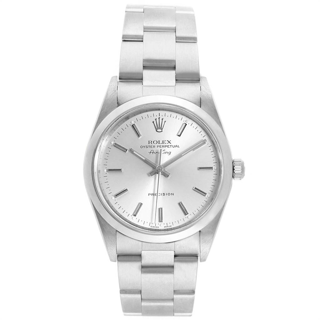 The Rolex Air-King 14000 Men's Stainless Steel Silver Dial 14000 Men's Stainless Steel Silver Dial watch is shown from the front angle, displaying its face, bezel, and bracelet.