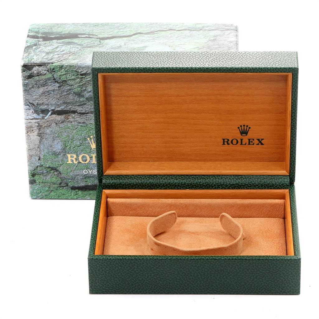 The image shows an empty open box for a Rolex Air-King 14000 Men's Stainless Steel Silver Dial 14000 Men's Stainless Steel Silver Dial watch, displaying its interior.