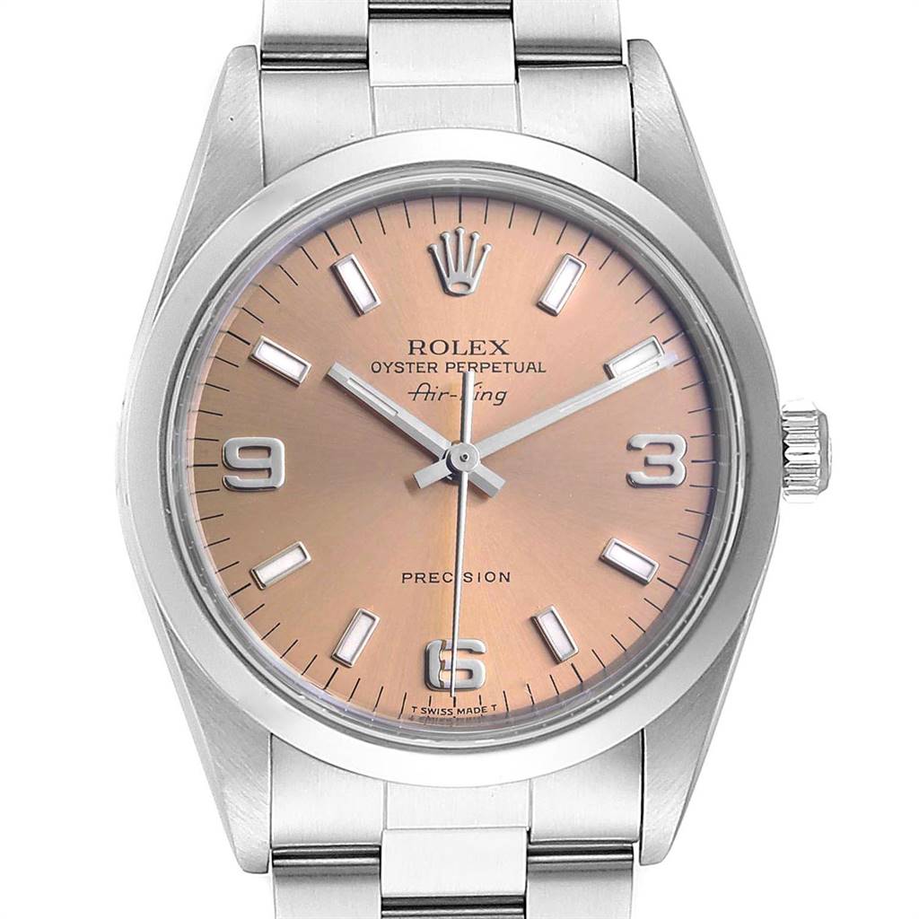 The image shows a front-facing view of the Rolex Air-King 14000 Men's Stainless Steel Pink Dial 14000 Men's Stainless Steel Pink Dial watch, displaying the dial, hands, markers, case, crown, and bracelet.