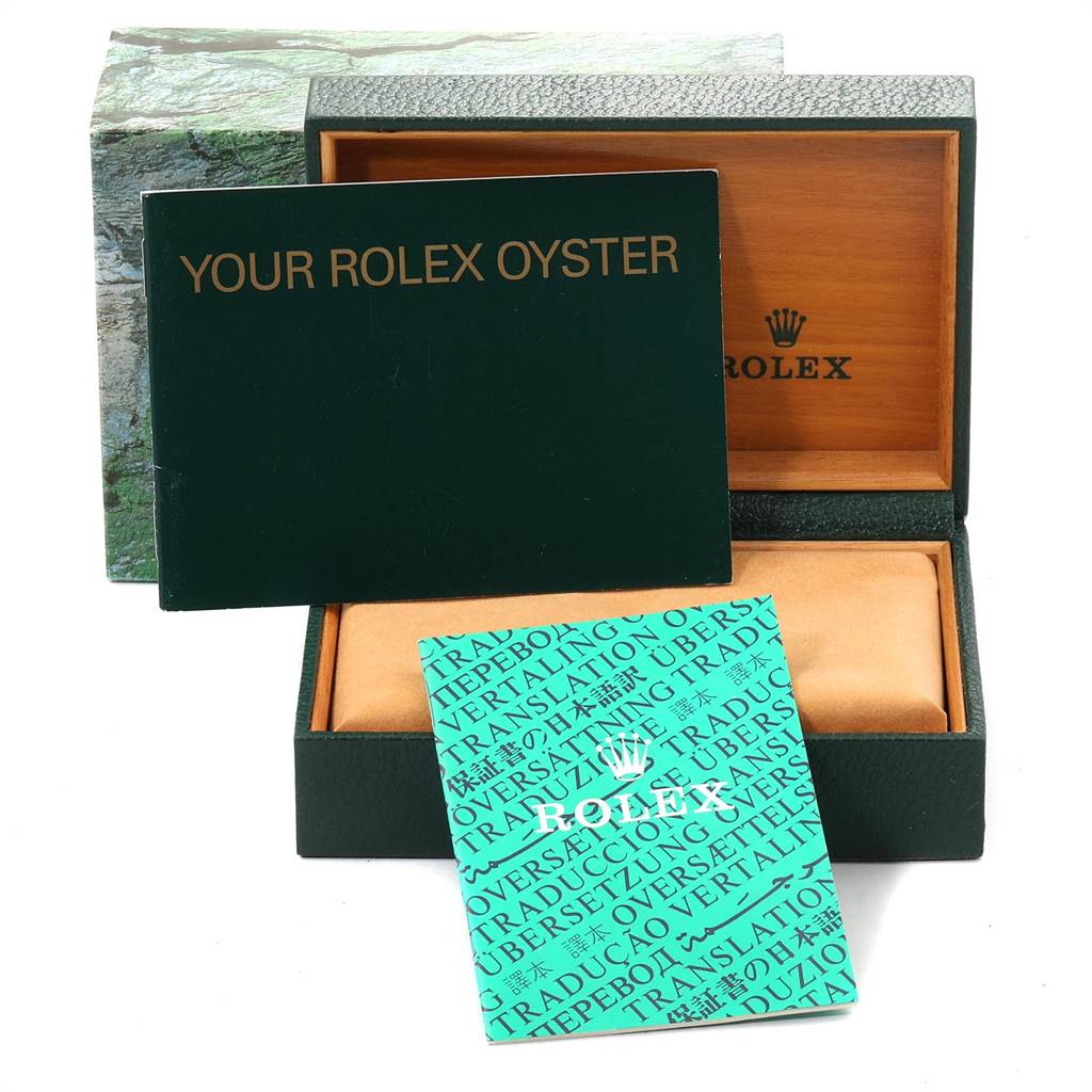The image shows the packaging and booklets of a Rolex Air-King 14000 Men's Stainless Steel Pink Dial 14000 Men's Stainless Steel Pink Dial watch, including the inner and outer boxes.