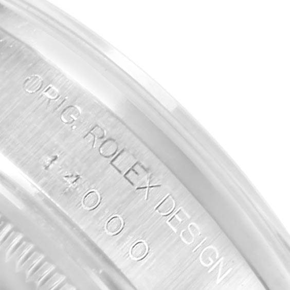 The image shows a close-up of the side of a Rolex Air-King 14000 Men's Stainless Steel Pink Dial 14000 Men's Stainless Steel Pink Dial watch, highlighting the model number "14000" and "ORIG. ROLEX DESIGN" engraving.