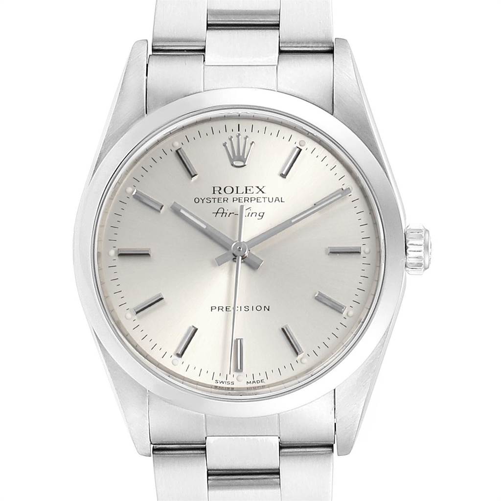 This image shows a front view of the Rolex Air-King 14000 Men's Stainless Steel Silver Dial 14000 Men's Stainless Steel Silver Dial watch, displaying the dial, hands, crown, and part of the bracelet.