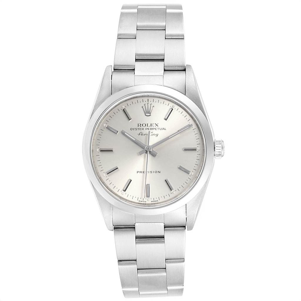 This image shows a straight-on view of the Rolex Air-King 14000 Men's Stainless Steel Silver Dial 14000 Men's Stainless Steel Silver Dial watch, highlighting its dial, bezel, bracelet, and crown.